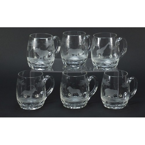 754 - Set of six glass tankards etched with big game by Rowland Ward, each 11.5cm high