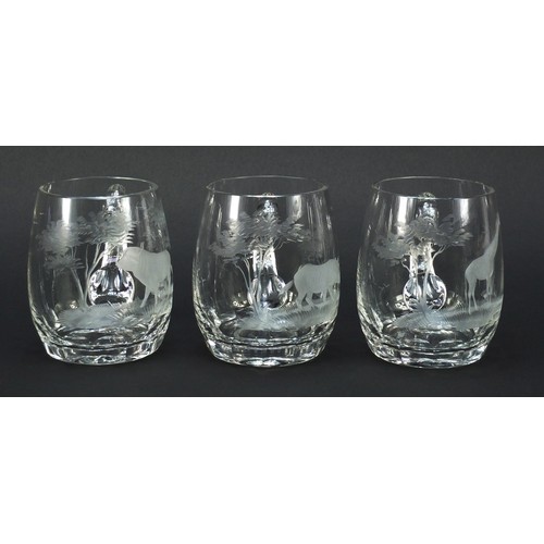 754 - Set of six glass tankards etched with big game by Rowland Ward, each 11.5cm high