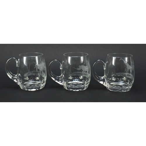 754 - Set of six glass tankards etched with big game by Rowland Ward, each 11.5cm high