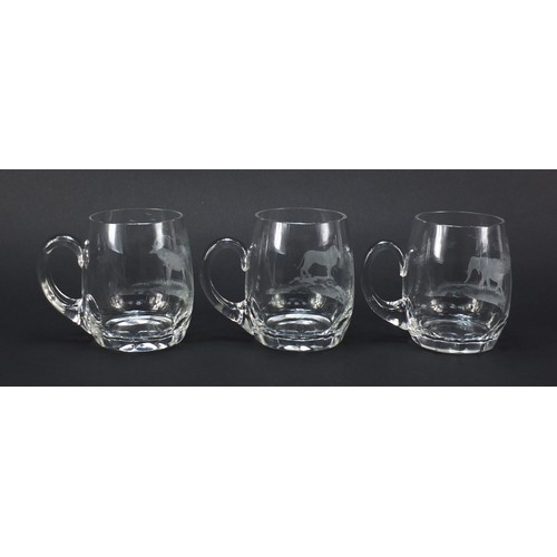 754 - Set of six glass tankards etched with big game by Rowland Ward, each 11.5cm high