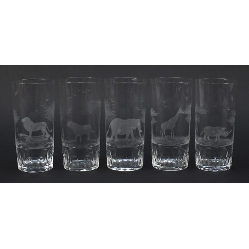 755 - Five drinking glasses etched with big game by Rowland Ward, each 14cm high