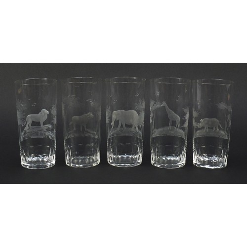 755 - Five drinking glasses etched with big game by Rowland Ward, each 14cm high