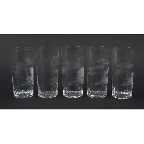 755 - Five drinking glasses etched with big game by Rowland Ward, each 14cm high