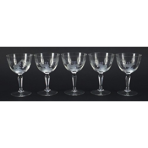 756 - Five wine glasses etched with big game by Rowland Ward, each 14cm high