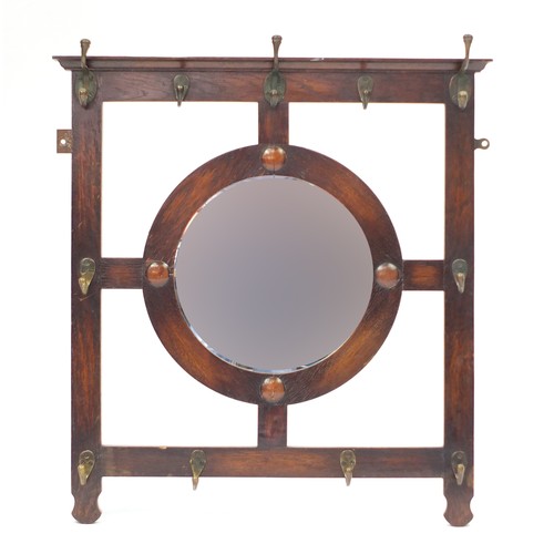 1618 - Arts & Crafts oak hall mirror with brass coat hooks, 71cm high x 66cm W