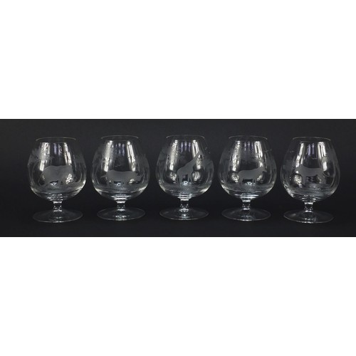 757 - Five brandy glasses etched with big game by Rowland Ward, 12cm high