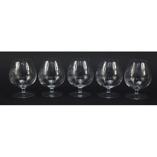 757 - Five brandy glasses etched with big game by Rowland Ward, 12cm high