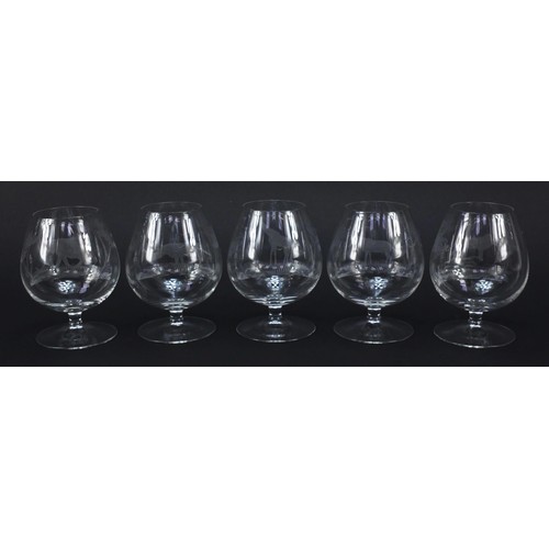 757 - Five brandy glasses etched with big game by Rowland Ward, 12cm high