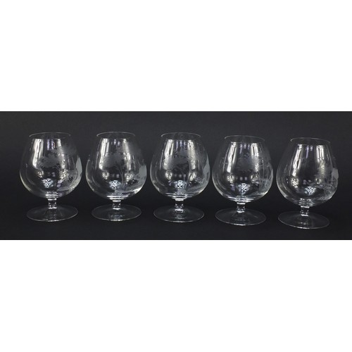 757 - Five brandy glasses etched with big game by Rowland Ward, 12cm high