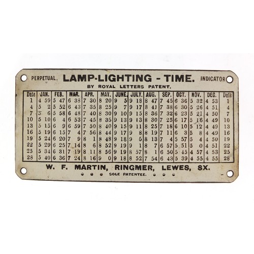 1151 - Lamp lighting time perpetual indicator enamel plaque by Royal Letters Patent, 15cm x 7.5cm