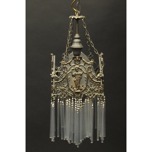 414 - Pair of ornate bronzed light fittings with glass shades and funnel drops, each 52cm high