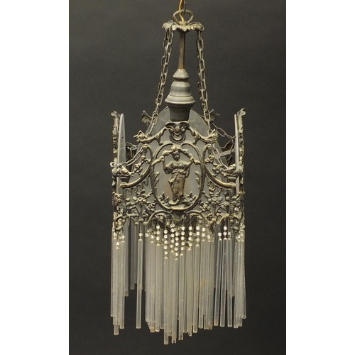 414 - Pair of ornate bronzed light fittings with glass shades and funnel drops, each 52cm high