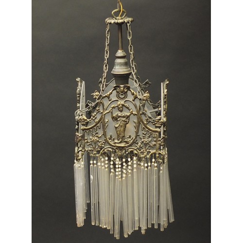 414 - Pair of ornate bronzed light fittings with glass shades and funnel drops, each 52cm high