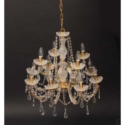 415B - Twelve branch glass chandelier with drops, 52cm high