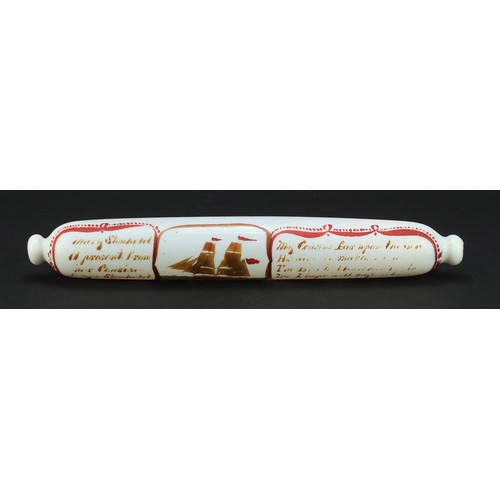 751 - Victorian white opaque glass rolling pin hand painted with a ship Nethana, dated 1858, 40cm wide