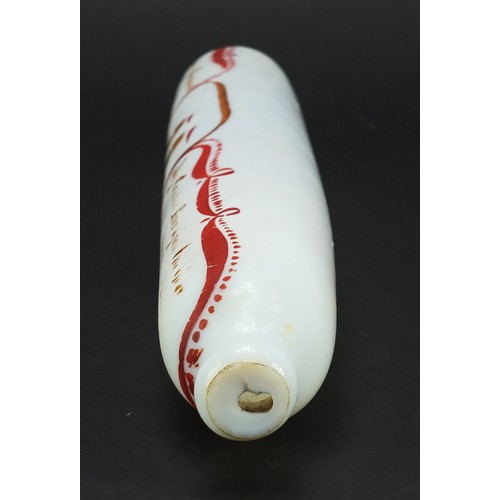 751 - Victorian white opaque glass rolling pin hand painted with a ship Nethana, dated 1858, 40cm wide