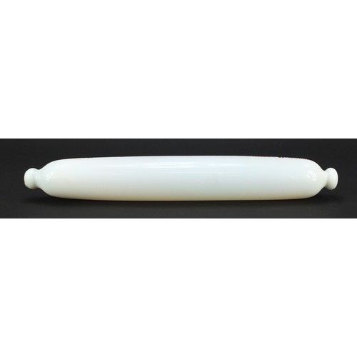 751 - Victorian white opaque glass rolling pin hand painted with a ship Nethana, dated 1858, 40cm wide