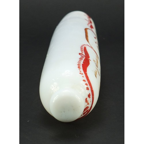 751 - Victorian white opaque glass rolling pin hand painted with a ship Nethana, dated 1858, 40cm wide