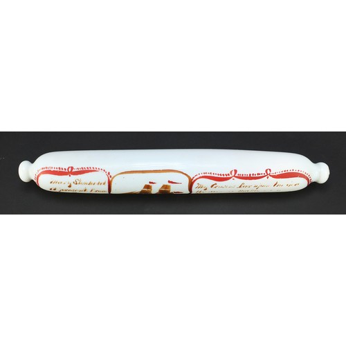 751 - Victorian white opaque glass rolling pin hand painted with a ship Nethana, dated 1858, 40cm wide