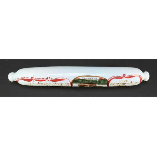 751 - Victorian white opaque glass rolling pin hand painted with a ship Nethana, dated 1858, 40cm wide