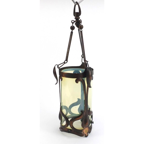 413 - Art Nouveau copper lantern with vaseline glass shade in the manner of John Pearson, overall 46.5cm h... 
