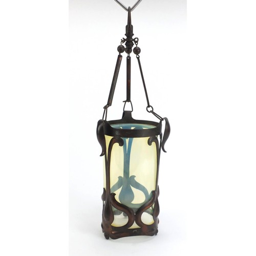413 - Art Nouveau copper lantern with vaseline glass shade in the manner of John Pearson, overall 46.5cm h... 
