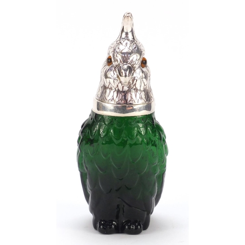 326 - Novelty green glass jug with silver plated mounts in the form of a parrot, 25cm high