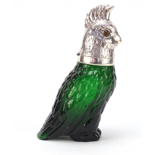 326 - Novelty green glass jug with silver plated mounts in the form of a parrot, 25cm high