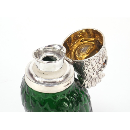 326 - Novelty green glass jug with silver plated mounts in the form of a parrot, 25cm high