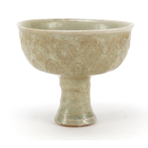 253 - Chinese celadon glaze stem bowl, 11cm high x 13cm in diameter