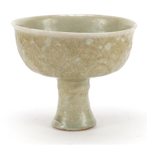 253 - Chinese celadon glaze stem bowl, 11cm high x 13cm in diameter