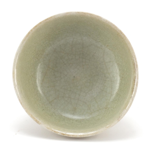 253 - Chinese celadon glaze stem bowl, 11cm high x 13cm in diameter