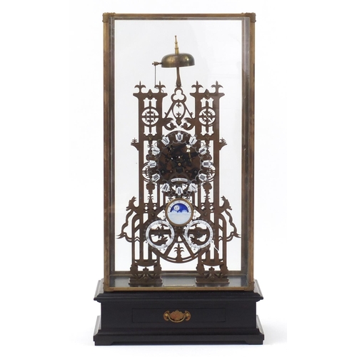 610 - Large French design skeleton clock with moon face and glass case, overall 71cm H x 37cm W x 22cm D