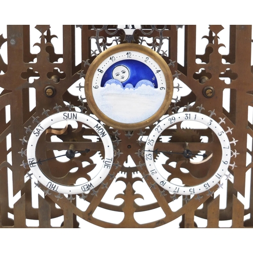 610 - Large French design skeleton clock with moon face and glass case, overall 71cm H x 37cm W x 22cm D