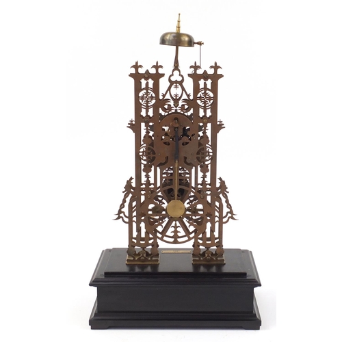 610 - Large French design skeleton clock with moon face and glass case, overall 71cm H x 37cm W x 22cm D