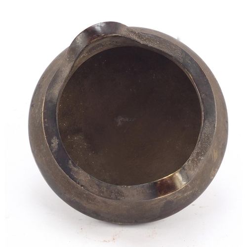 457 - Chinese patinated bronze tripod incense burner, character marks to the base, 14cm in diameter