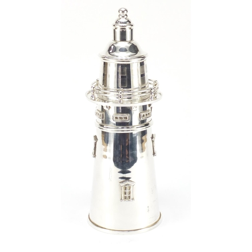 608 - Large silver plated cocktail shaker in the form of a lighthouse, 35.5cm high