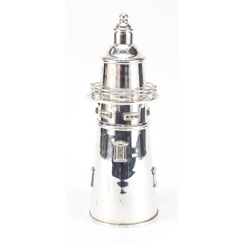 608 - Large silver plated cocktail shaker in the form of a lighthouse, 35.5cm high