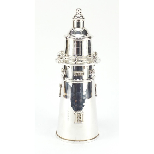 608 - Large silver plated cocktail shaker in the form of a lighthouse, 35.5cm high