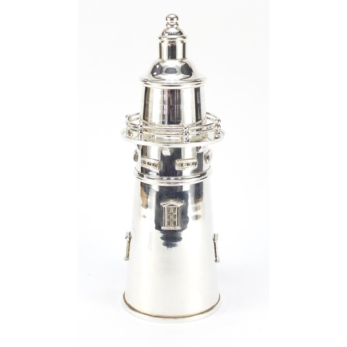 608 - Large silver plated cocktail shaker in the form of a lighthouse, 35.5cm high