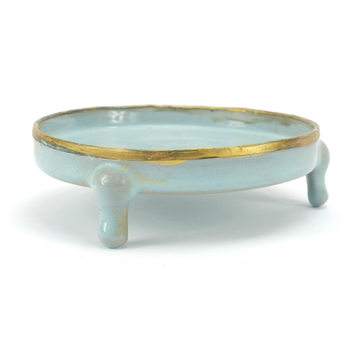 150 - Chinese blue glazed porcelain tripod censer with gilt metal rim, 14cm in diameter