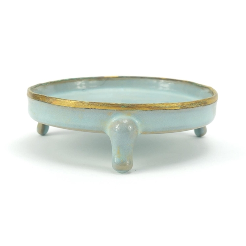 150 - Chinese blue glazed porcelain tripod censer with gilt metal rim, 14cm in diameter