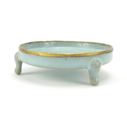 150 - Chinese blue glazed porcelain tripod censer with gilt metal rim, 14cm in diameter