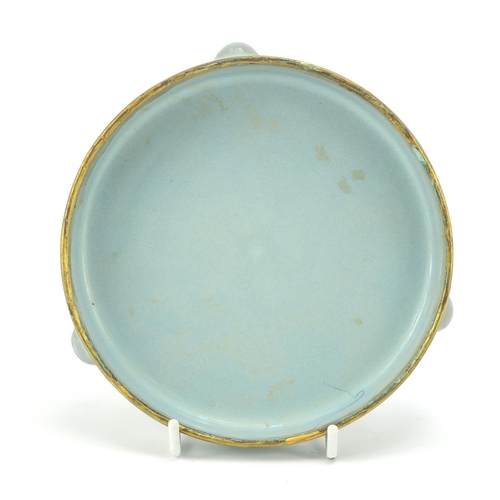 150 - Chinese blue glazed porcelain tripod censer with gilt metal rim, 14cm in diameter