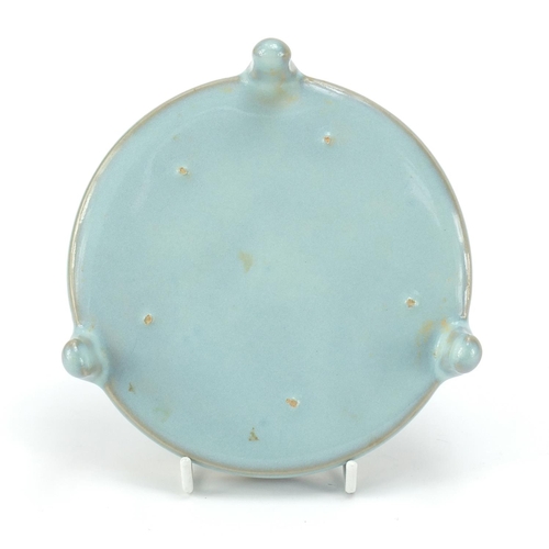 150 - Chinese blue glazed porcelain tripod censer with gilt metal rim, 14cm in diameter