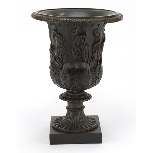 490 - Large patinated bronze classical campana urn with twin handles decorated in relief with classical fi... 