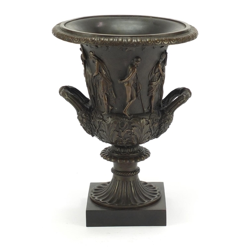 490 - Large patinated bronze classical campana urn with twin handles decorated in relief with classical fi... 