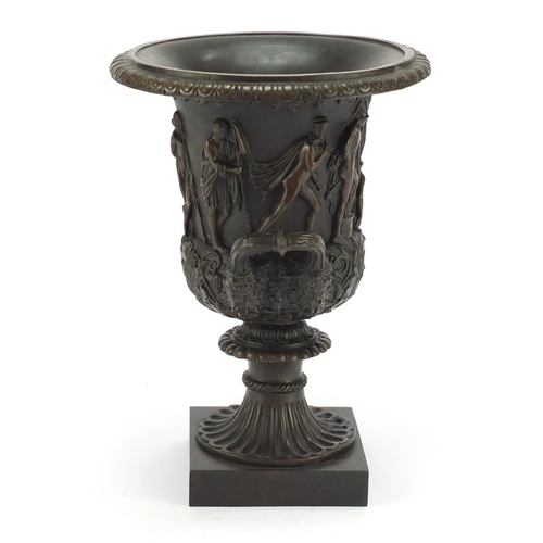 490 - Large patinated bronze classical campana urn with twin handles decorated in relief with classical fi... 