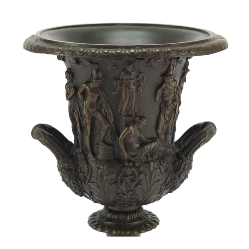 491 - Large patinated bronze classical campana urn with twin handles decorated in relief with classical fi... 