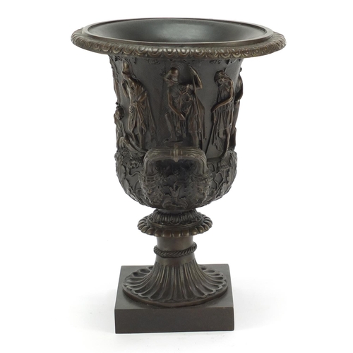 491 - Large patinated bronze classical campana urn with twin handles decorated in relief with classical fi... 